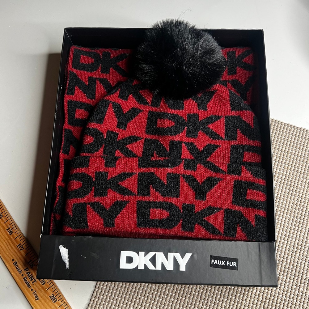 DKNY Red Black Logo Beanie and Scarf Set with Faux Fur Pom Pom New in Box